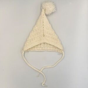 Vintage Cream Knit Baby Hat with Ear Flaps & Pom Pom –‎ Handmade Winter Beanie